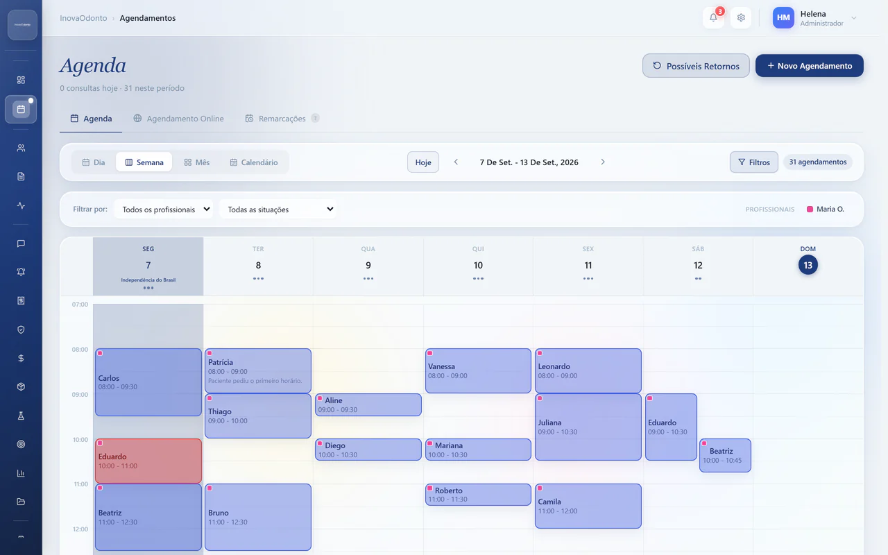Agenda semanal do InovaOdonto com as consultas de cada dia